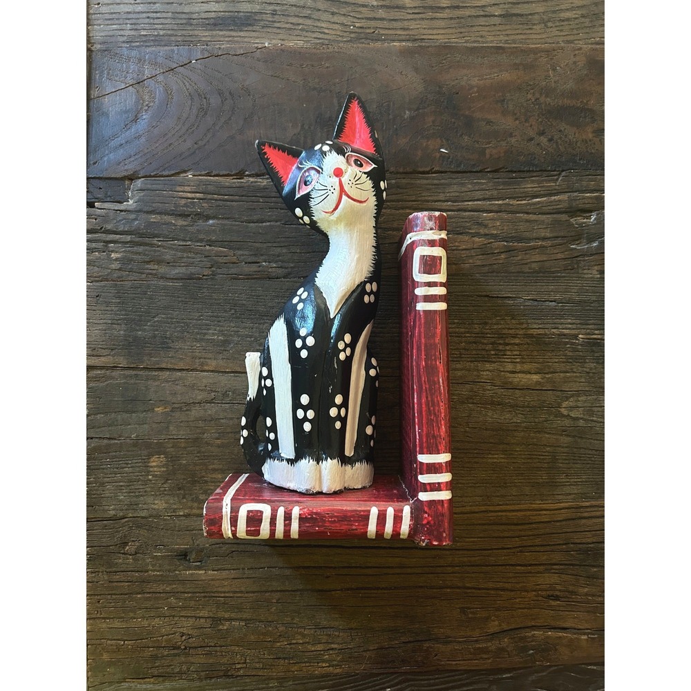 Vintage Indonesian Wooden Cat Bookend Folk Art Black White Cat Shelf Decor - Picture 2 of 9